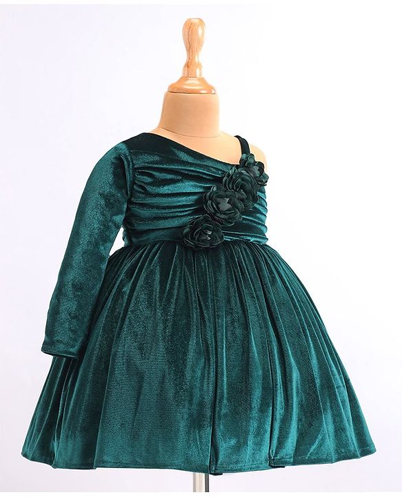 Babyhug Velvet Woven Full Sleeves Fit & Flared Party Frock with Floral Applique - Green
