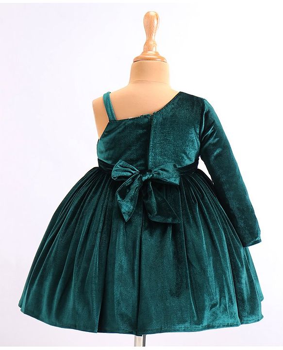 Babyhug Velvet Woven Full Sleeves Fit & Flared Party Frock with Floral Applique - Green