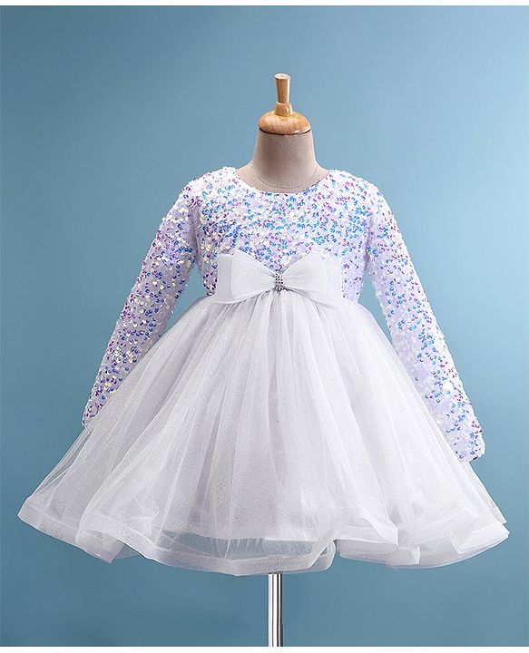 Babyhug Woven Full Sleeves Fit & Flare Party Frock with Sequinned Yoke & Bow Applique- White