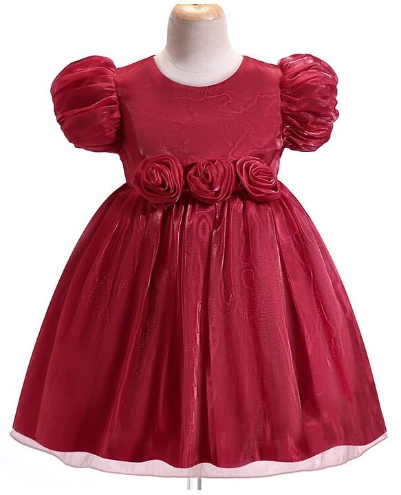 Babyhug Woven Half Puffed Sleeves Fit & Flared Solid Party Frock with Floral Applique - Red