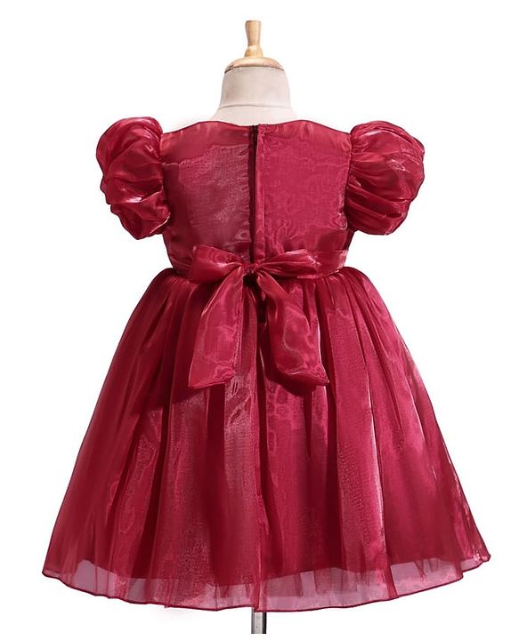 Babyhug Woven Half Puffed Sleeves Fit & Flared Solid Party Frock with Floral Applique - Red