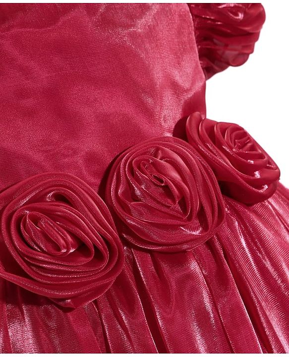 Babyhug Woven Half Puffed Sleeves Fit & Flared Solid Party Frock with Floral Applique - Red