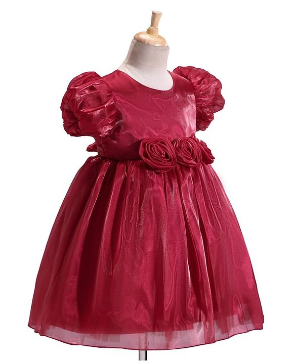 Babyhug Woven Half Puffed Sleeves Fit & Flared Solid Party Frock with Floral Applique - Red