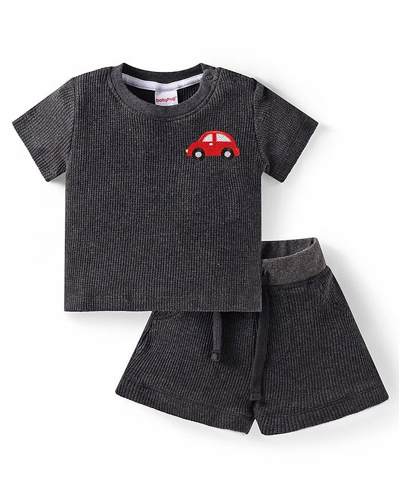 Babyhug Half Sleeves Car Printed T- Shirt & Shorts Set - Grey
