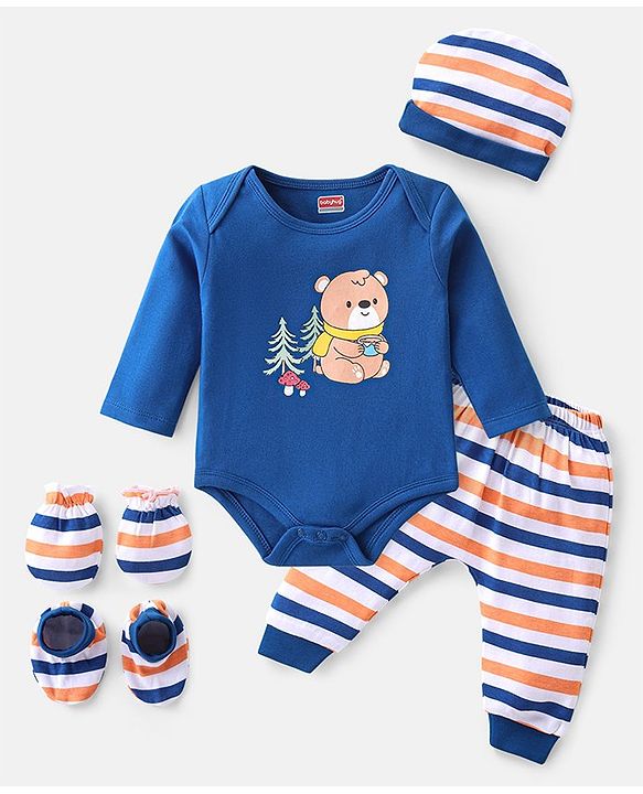 Babyhug 100% Cotton Knit Full Sleeves With Bear Print Onesie with Striped Leggings and Cap Mittens Booties-Navy Blue