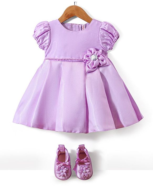 Babyhug  Woven Half Puffed Sleeves Fit & Flared Party Frock with Booties Floral Applique - Red