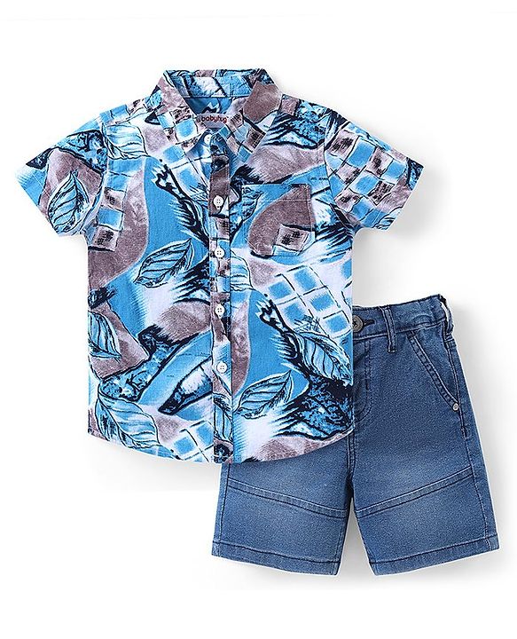 Babyhug Cotton Woven Half Sleeves Shirt & Denim Shorts Set With Leafy Print - Blue
