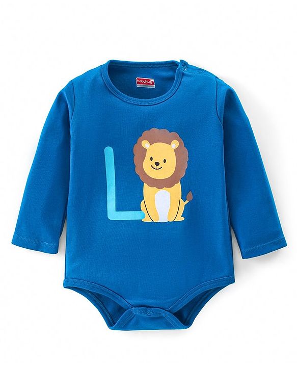 Babyhug 100% Cotton Full Sleeves Onesies with Leggings and Cap Mittens Booties Lion Print - Blue