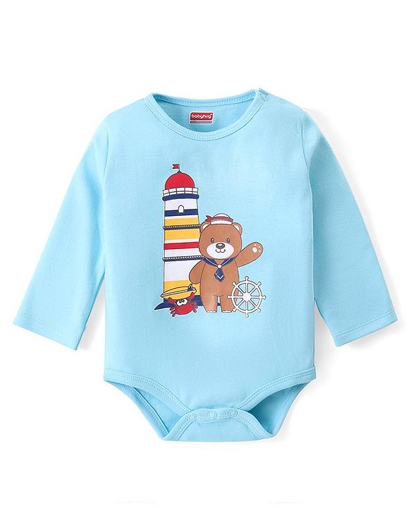 Babyhug 100% Cotton Knit Full Sleeves Teddy Printed Onesie with Leggings Cap Mitten & Booties - Multicolour