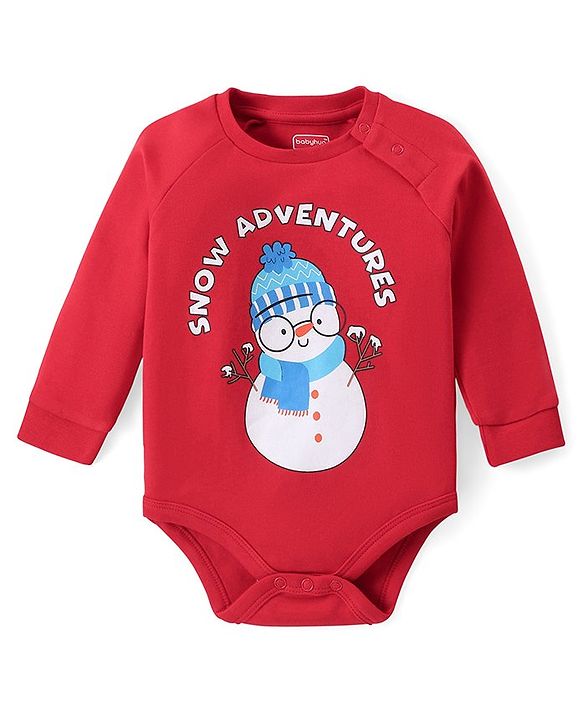 Babyhug 100% Cotton Knit Full Sleeves Onesie with Leggings Cap Mitten & Booties Snowman Printed - Multicolour