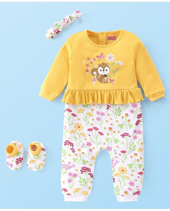 Babyhug 100% Cotton Knit Full Sleeves Romper with Hair Band & Booties Floral Print - Yellow & White