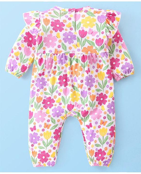 Babyhug 100% Interlock Cotton Knit Full Sleeves Rompers With Floral Print & Bow Applique - Multicolour