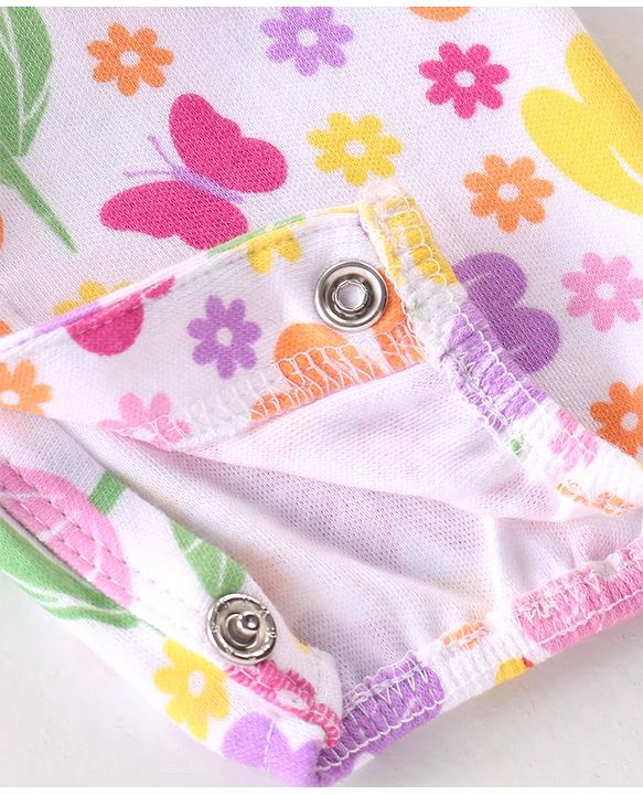 Babyhug 100% Interlock Cotton Knit Full Sleeves Rompers With Floral Print & Bow Applique - Multicolour