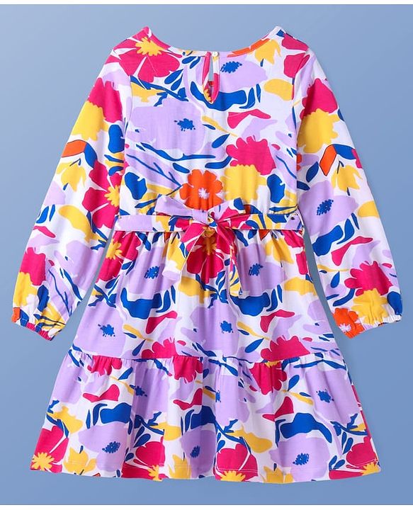 Pine Kids Cotton Knit Full Peasant Sleeves Floral Printed Frock with Fabric Belt - White