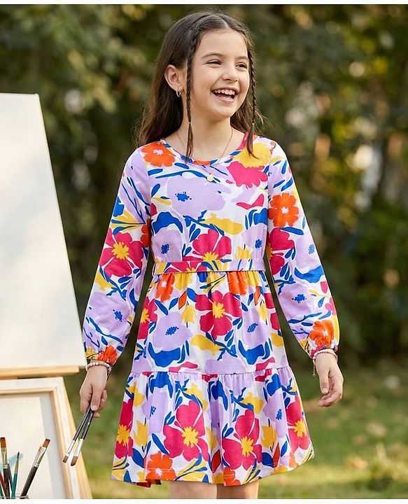 Pine Kids Cotton Knit Full Peasant Sleeves Floral Printed Frock with Fabric Belt - White