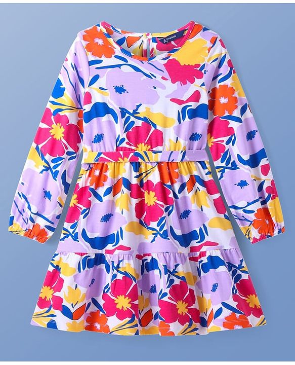 Pine Kids Cotton Knit Full Peasant Sleeves Floral Printed Frock with Fabric Belt - White
