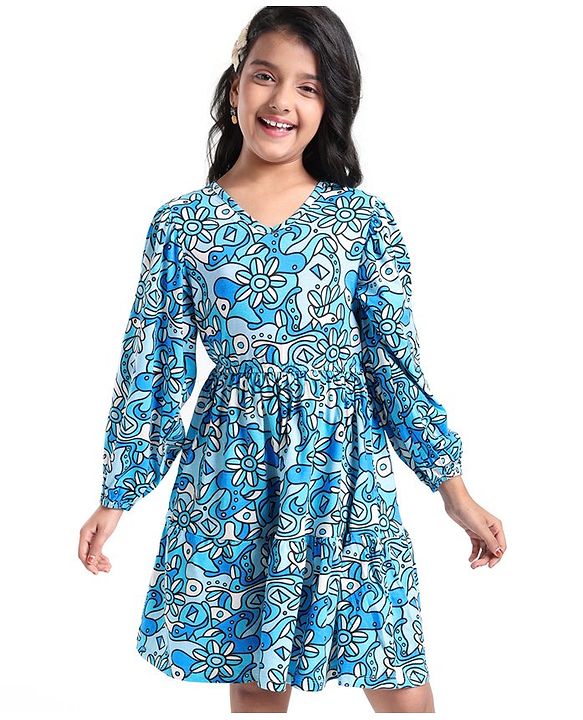 Pine Kids Cotton Knit Peasent Sleeves Frock with Floral Print - Snow White