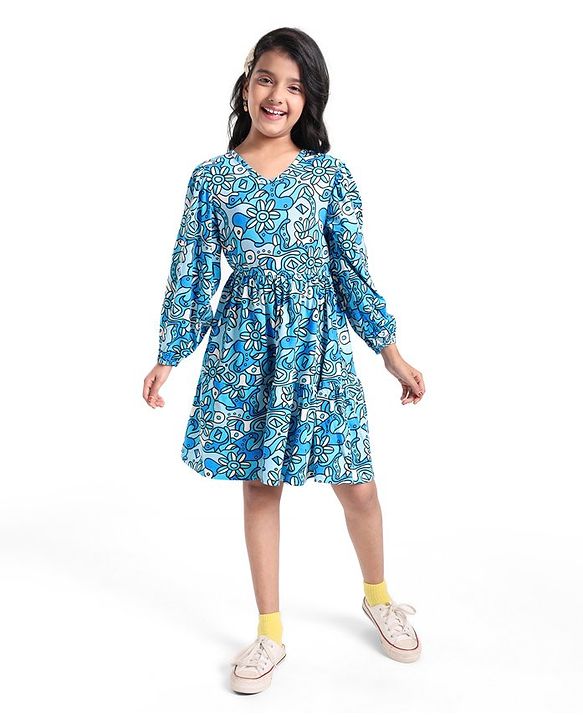 Pine Kids Cotton Knit Peasent Sleeves Frock with Floral Print - Snow White