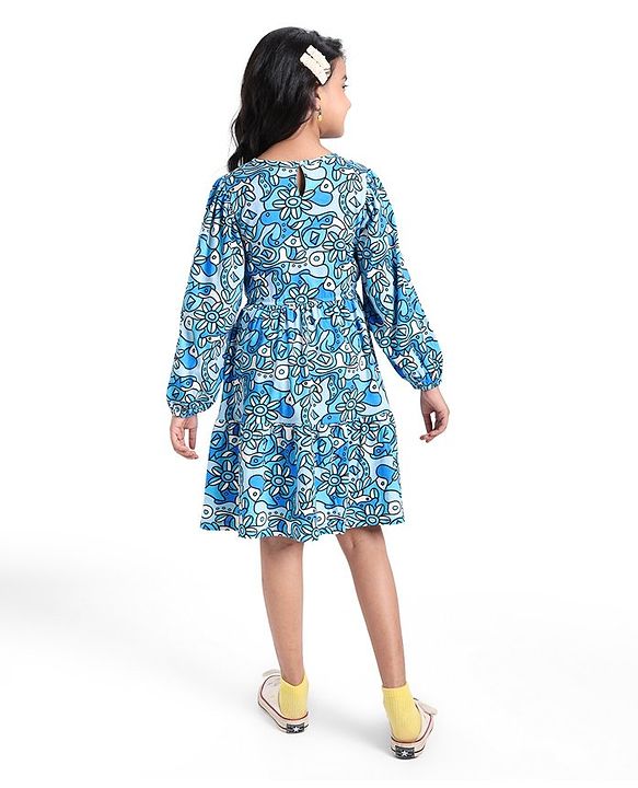 Pine Kids Cotton Knit Peasent Sleeves Frock with Floral Print - Snow White