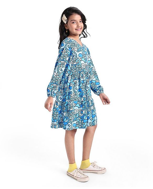 Pine Kids Cotton Knit Peasent Sleeves Frock with Floral Print - Snow White