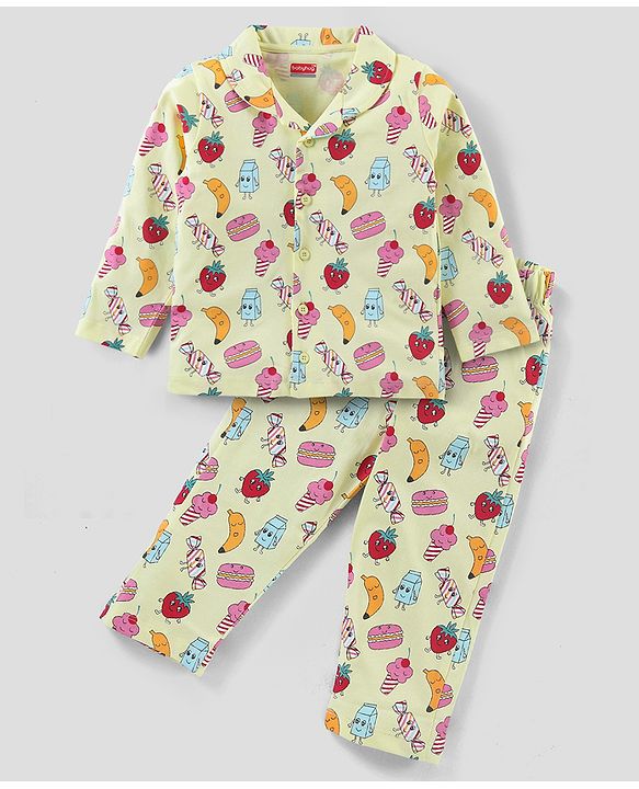 Babyhug Single Jersey Knit Full Sleeves Night Suit With Fruit Doodles Print - Yellow