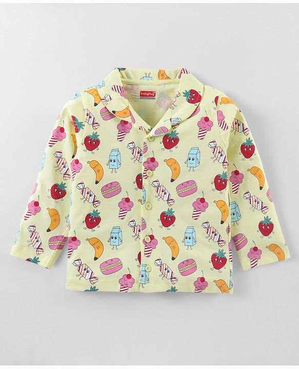 Babyhug Single Jersey Knit Full Sleeves Night Suit With Fruit Doodles Print - Yellow
