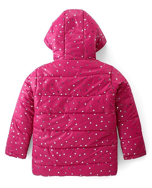 Pine Kids Woven Full  Sleeves Front Open Sequinned Padded Hooded Jacket with Pockets - Rani Pink