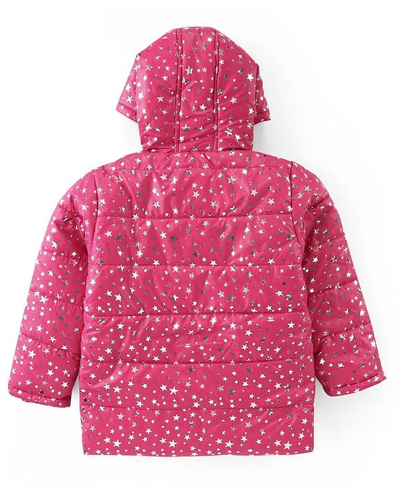 Pine Kids Woven Full Sleeves Front Open Padded Hooded Jacket with Foil Star Print - Pink