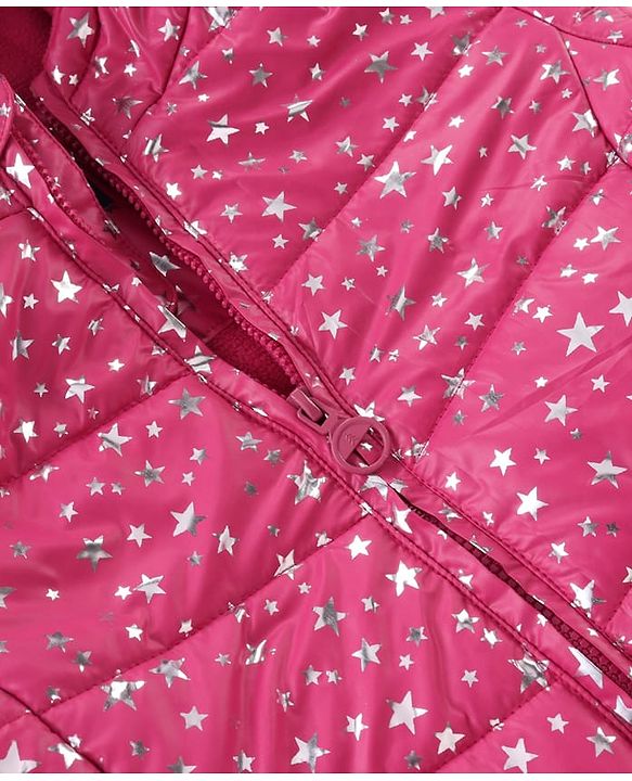 Pine Kids Woven Full Sleeves Front Open Padded Hooded Jacket with Foil Star Print - Pink