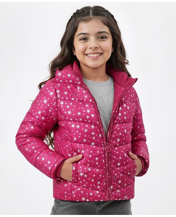 Pine Kids Woven Full Sleeves Front Open Padded Hooded Jacket with Foil Star Print - Pink