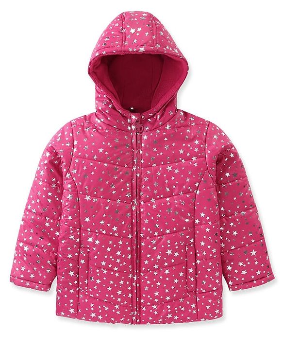 Pine Kids Woven Full Sleeves Front Open Padded Hooded Jacket with Foil Star Print - Pink