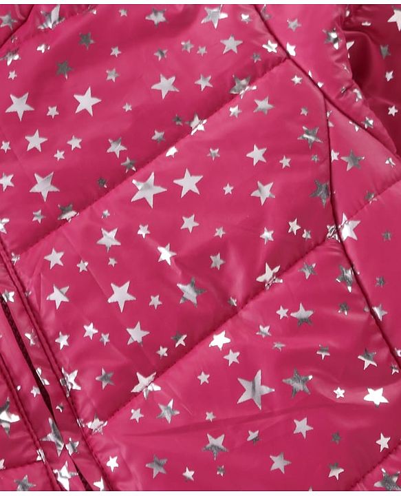 Pine Kids Woven Full Sleeves Front Open Padded Hooded Jacket with Foil Star Print - Pink