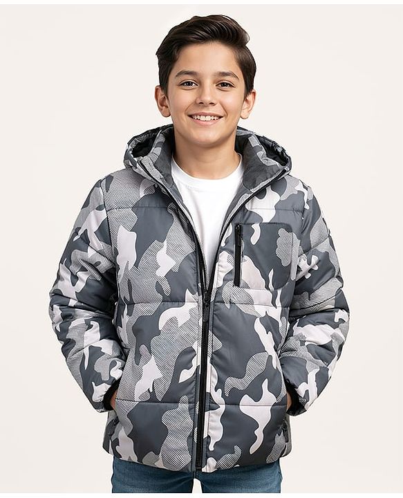 Pine Kids Woven Full Sleeves Padded Hooded Jacket Camouflage Print - Multicolour