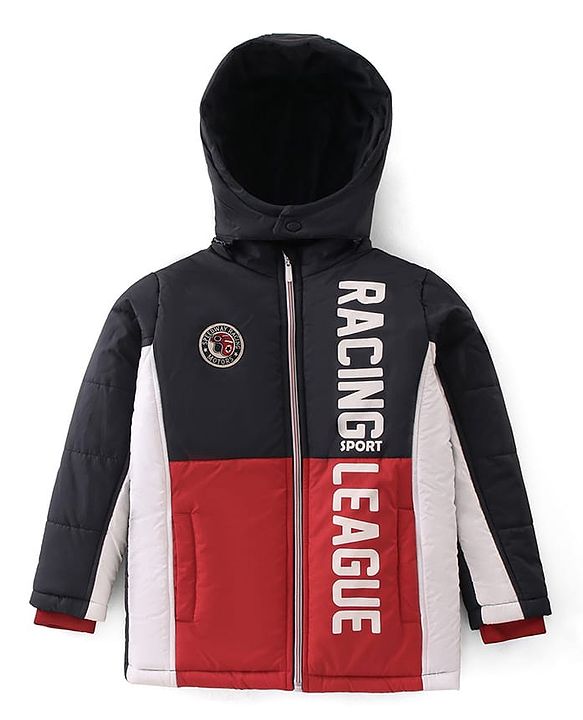 Pine Kids Woven Full Sleeves Padded Hooded Jacket Text Print - Multicolour