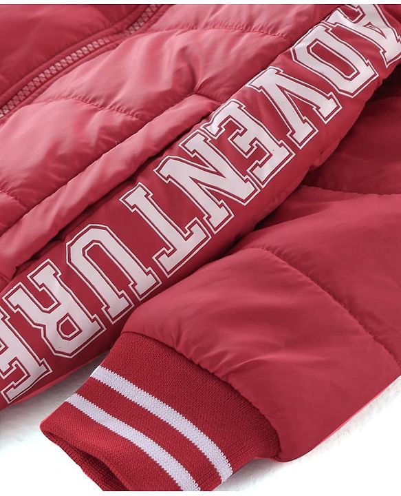 Pine Kids Woven Full Sleeves Padded Jacket with Detachable Hood Text Print - Dark Red