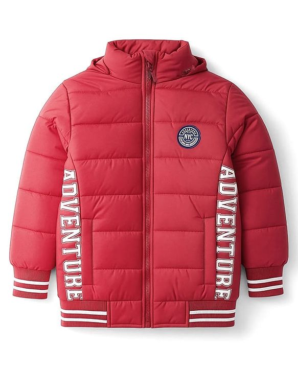 Pine Kids Woven Full Sleeves Padded Jacket with Detachable Hood Text Print - Dark Red