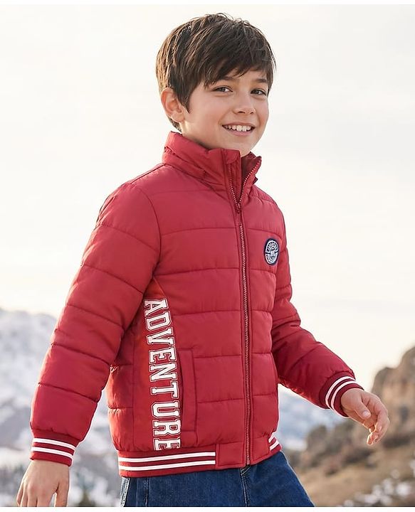 Pine Kids Woven Full Sleeves Padded Jacket with Detachable Hood Text Print - Dark Red