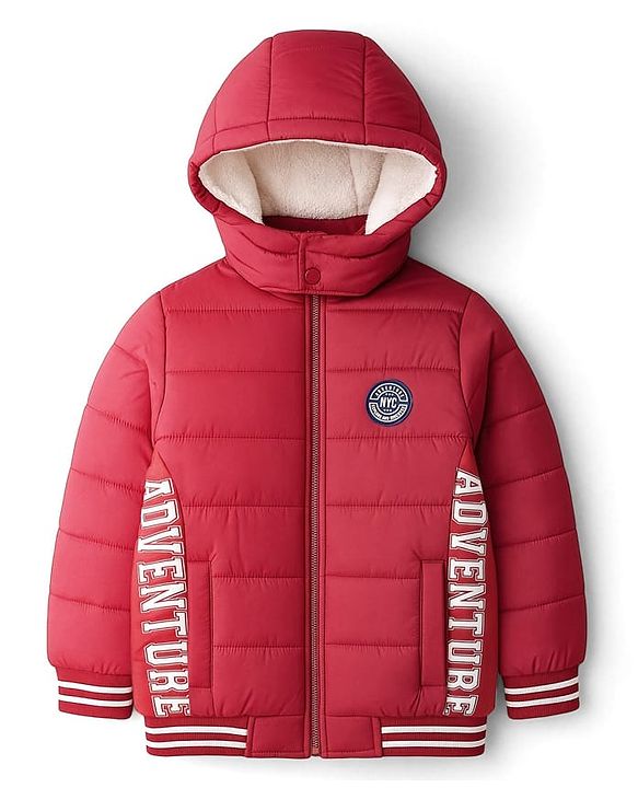 Pine Kids Woven Full Sleeves Padded Jacket with Detachable Hood Text Print - Dark Red