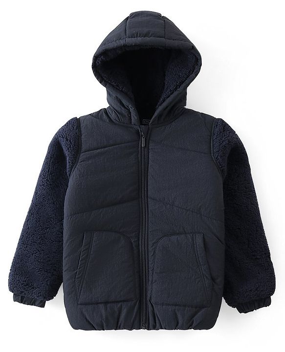 Pine Kids Woven Full Sleeves Solid Hooded Padded Jacket - Navy Blue
