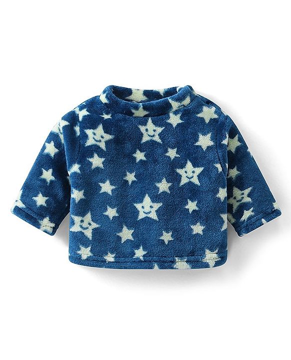Babyhug Velour Knit Full Sleeves Winter Wear Night Suit With Stars Print - Navy Blue