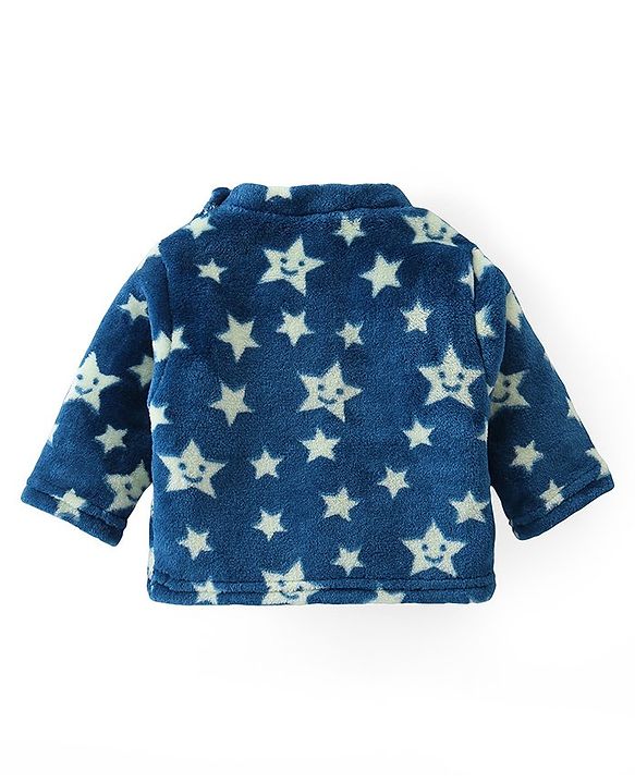 Babyhug Velour Knit Full Sleeves Winter Wear Night Suit With Stars Print - Navy Blue