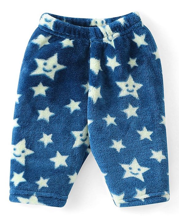 Babyhug Velour Knit Full Sleeves Winter Wear Night Suit With Stars Print - Navy Blue
