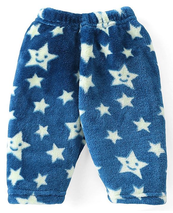 Babyhug Velour Knit Full Sleeves Winter Wear Night Suit With Stars Print - Navy Blue