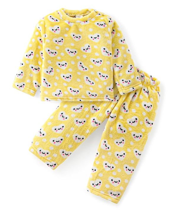 Babyhug Velour Knit Full Sleeves Winterwear  Night Suit With Hearts Print - Yellow