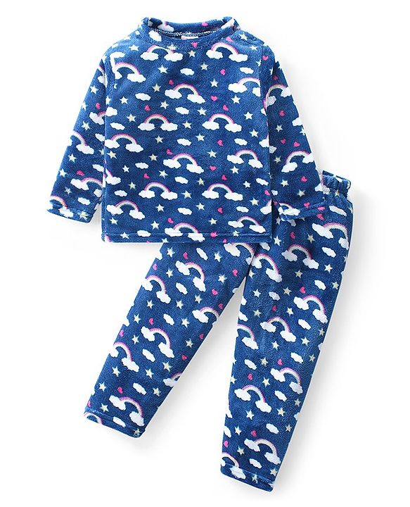Babyhug Velour Knit Full Sleeves Winter Wear Night Suit with Cloud Print - Navy Blue