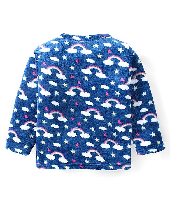 Babyhug Velour Knit Full Sleeves Winter Wear Night Suit with Cloud Print - Navy Blue