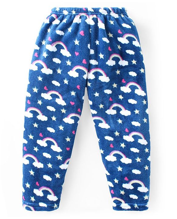 Babyhug Velour Knit Full Sleeves Winter Wear Night Suit with Cloud Print - Navy Blue