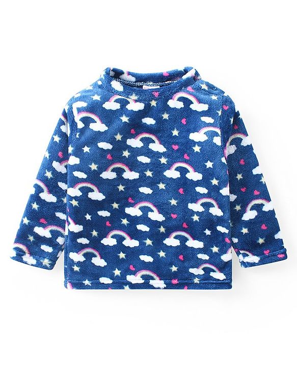 Babyhug Velour Knit Full Sleeves Winter Wear Night Suit with Cloud Print - Navy Blue