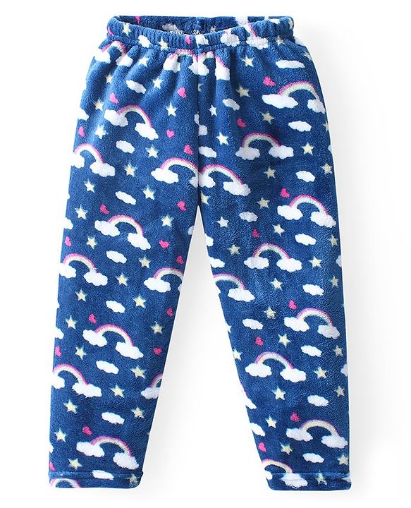 Babyhug Velour Knit Full Sleeves Winter Wear Night Suit with Cloud Print - Navy Blue