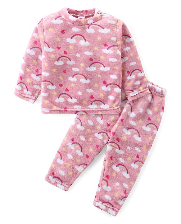 Babyhug Velour Knit Full Sleeves Winter Night Suit with Sky Print - Pink